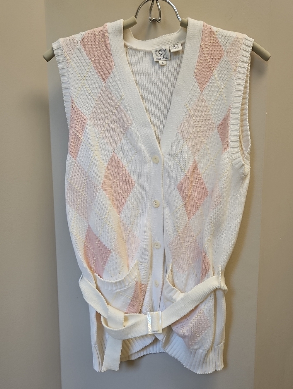 Wathne Knit Vest in White with Blush Pink Accents